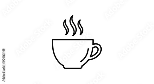 A simple black and white line art icon depicting a steaming hot cup of coffee or tea, perfect for web design.
