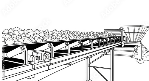 A detailed black and white line drawing illustrating a long industrial conveyor belt system transporting rocks or ore from a large hopper.