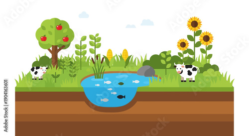 Whimsical farm garden scene with a pond, cow, trees, and sunflowers in a bright rural landscape.