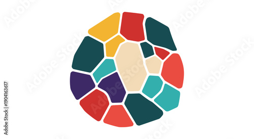 Vibrant circular mosaic of colorful irregular stones forming an abstract design.