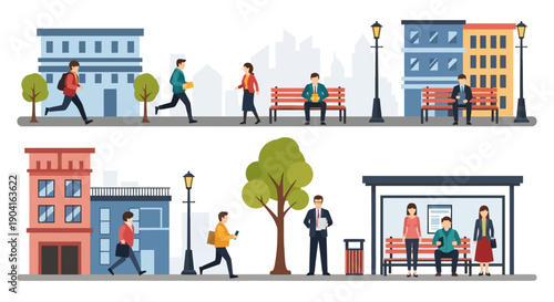 Vibrant urban street scene featuring pedestrians, cyclists, buses and storefronts in a bustling city.