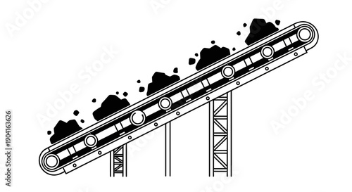 Black and white illustration of an industrial conveyor belt system moving coal or ore upwards.