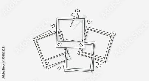 Hand-drawn sketch of multiple empty instant photo frames with hearts and a thumbtack, suggesting memories or a creative display.