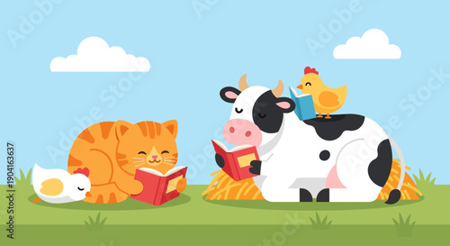 Playful farm animals reading books together on a sunny meadow day, a cheerful countryside scene.