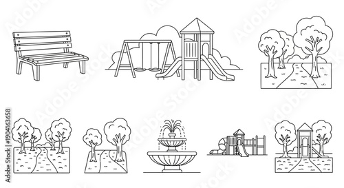 Line art illustrations of various park elements including benches, playgrounds, fountains, and landscaped areas.
