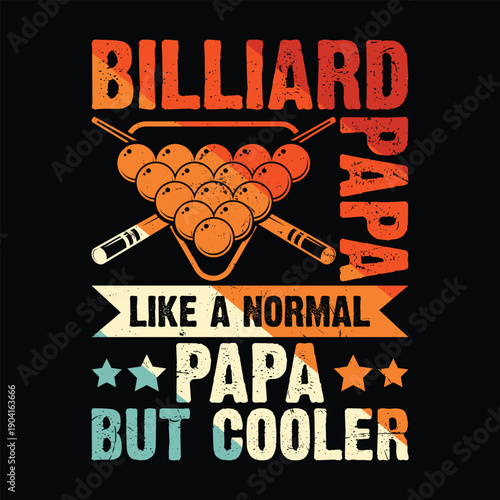 T-shirt design colorful graphic design featuring billiard balls and text on a black background