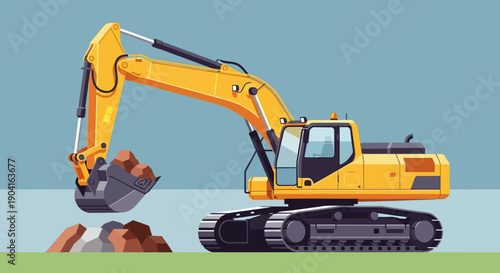 Yellow excavator at active construction site digging earth with bucket and tracked undercarriage on heavy equipment project.