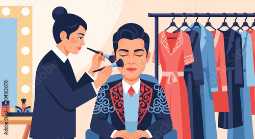 Backstage makeup and wardrobe styling session before a fashion shoot.