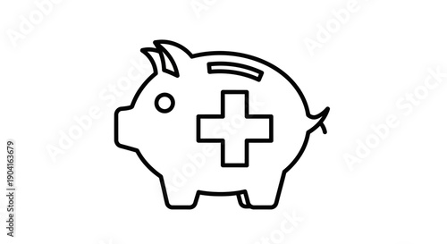 A line art illustration of a piggy bank with a medical cross symbol.