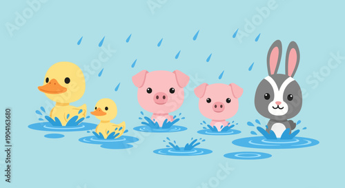 Playful farm animals splashing in rain puddles with ducklings, piglets, and a rabbit.