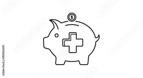 Line art illustration of a piggy bank with a medical cross symbol, representing healthcare savings and financial planning for health expenses.