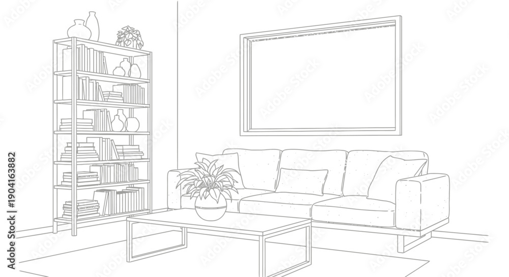 Fototapeta premium Line art illustration of a modern living room interior with a sofa, coffee table, bookshelf, and a large empty picture frame on the wall.