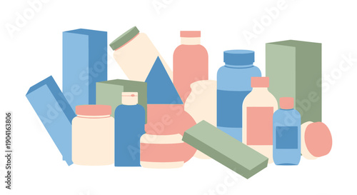 Assorted consumer product bottles and cartons illustration for packaging designs.