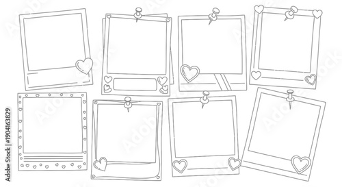 Hand-drawn collection of eight empty polaroid photo frames with heart and pushpin details.