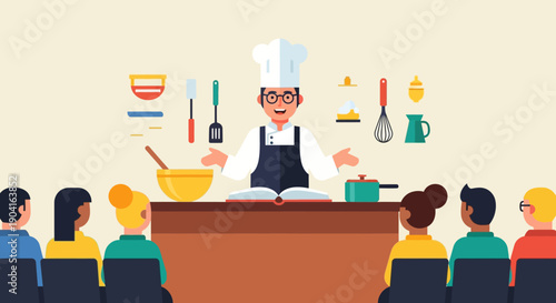 Chef Demonstrating Cooking Techniques to Group of Students in a Classroom Kitchen.