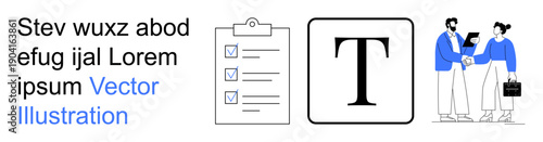 Business concepts, collaboration, workflow, agreements, teamwork, documentation. A clipboard with a checklist, typography and two individuals shaking hands. Business collaboration and teamwork