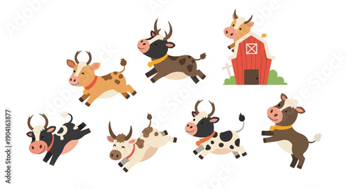 Whimsical cartoon farm animals including cows and a red barn illustration.