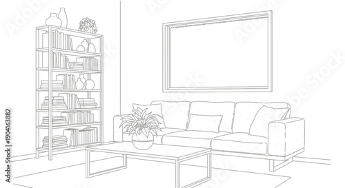 Line art illustration of a modern living room interior with a sofa, coffee table, bookshelf, and a large empty picture frame on the wall.