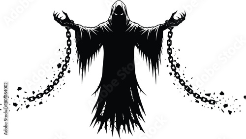 Scary Grim Reaper Silhouette with Hooded Cloak and Broken Iron Chains for Halloween Horror Dark Fantasy Spirit Demon Ghost Vector Illustration Isolated on White