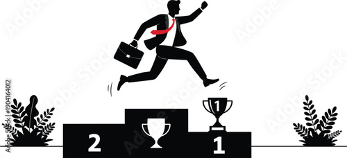 Business success silhouette illustration with professional leaping over podium from second to first place symbolizing ambition and achievement