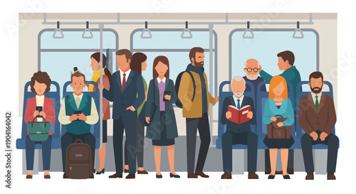 Diverse commuters in a busy subway carriage with varied outfits and travel gear on a city morning.