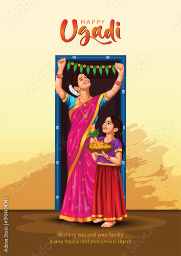 happy Ugadi New Year festival. holiday celebrated by the inhabitants of Karnataka and Andhra Pradesh. abstract vector illustration graphic design.