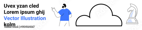Business strategy, digital storage, human connection, decision-making, cloud computing, teamwork. A person gesturing at a cloud and a chess knight. Business and digital storage concept