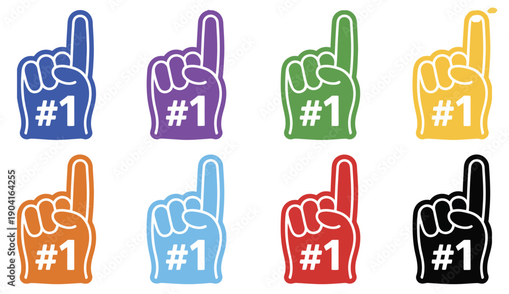 Obraz premium Fan Foam Hands Number One Set, vector illustration of sports fan finger gloves with #1 sign, colorful red, blue, green, and black icons for game support, winner champion celebration concept.