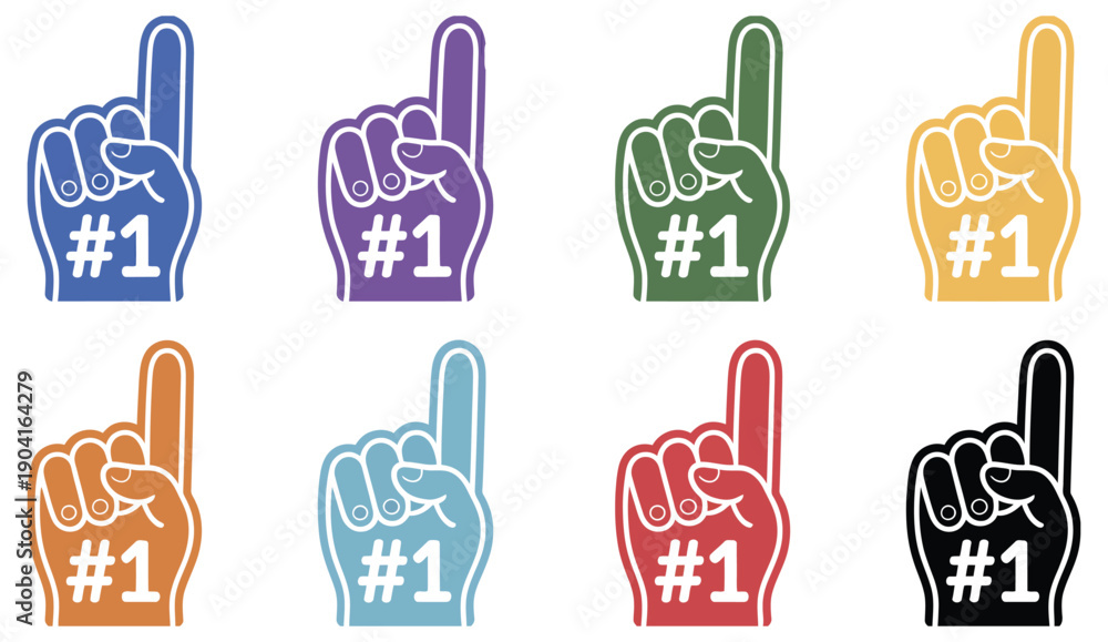 Fototapeta premium Fan Foam Hands Number One Set, collection of sports supporter finger glove icons showing number one gesture, designed in multiple colors for competitions, tournaments, championships, fan events