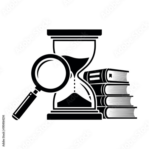 Time management and knowledge search concept with hourglass magnifying glass and books.