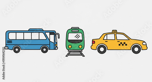 Public transportation vehicles including bus train and taxi.