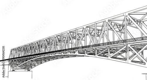 Detailed wireframe blueprint of a large steel truss bridge structure.