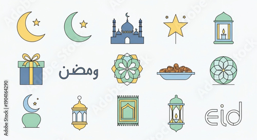 Ramadan and Eid Islamic Holiday Icons Collection.