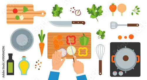 Hands Chopping Fresh Vegetables in a Busy Kitchen for a Colorful Home Cooked Meal.