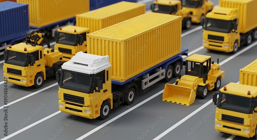 Fototapeta premium Yellow Trucks Transporting Yellow Cargo Containers on a Gray Road yellow trucks