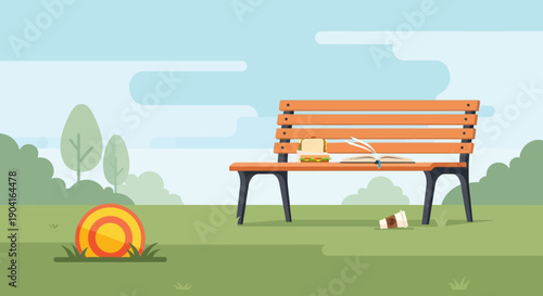 Quiet park scene with wooden bench, ball, and sunny sky.