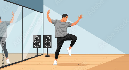 Energetic dancer performing studio routine beside mirrors and speakers.
