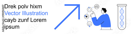 Data analysis, biotechnology, innovation, decision-making, scientific research, medical diagnostics. Scientist analyzing data with icons and DNA structure. Data analysis and biotechnology