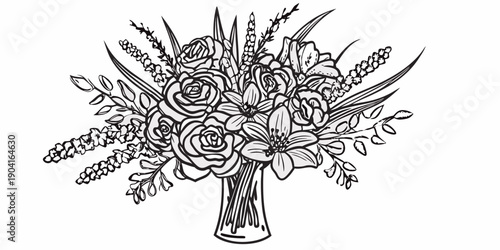 A detailed black and white illustration of a floral bouquet in a vase