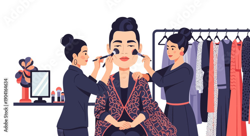 Woman Models a Dress with Stylists in a Boutique Fitting.