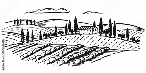 A picturesque tuscan landscape with vineyards a villa and rolling hills