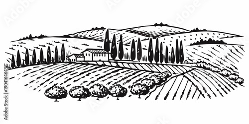 A charming tuscan landscape with a farmhouse cypress trees and rolling hills