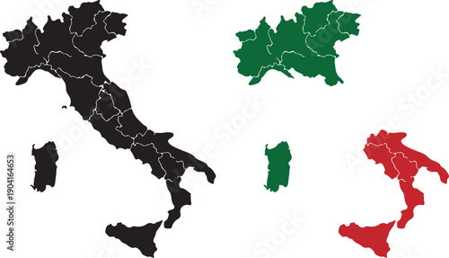 Italy Map Vector Set – Full Country, Northern Regions in Green, Southern Regions in Red with Sicily and Sardinia – Educational Geography Illustration