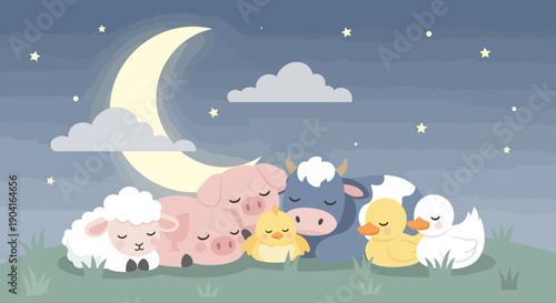 Peaceful Nighttime Farm Scene With Sleeping Animals Under a Crescent Moon.