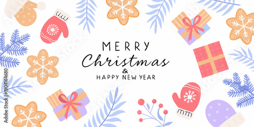 Festive christmas and new year illustration with winter elements and gifts