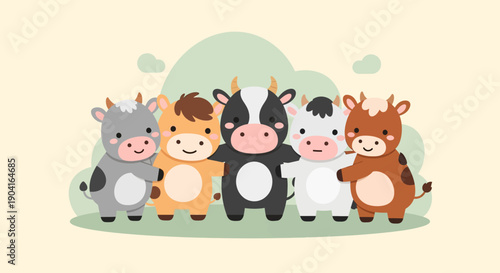 Adorable group of cheerful cartoon animals sitting together in a colorful lineup.