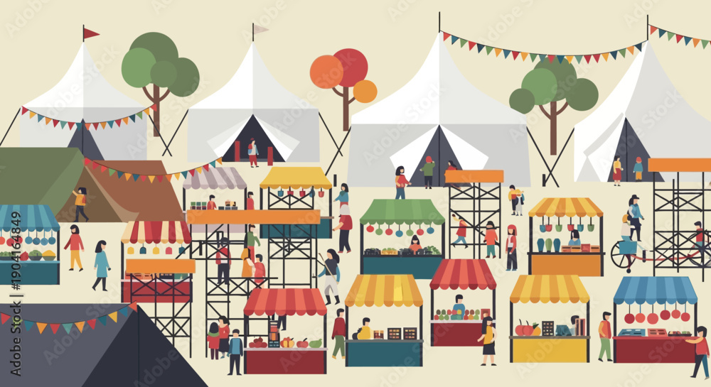 Naklejka premium Vibrant outdoor festival with colorful tents, lively stalls, and a cheerful crowd enjoying music and crafts.