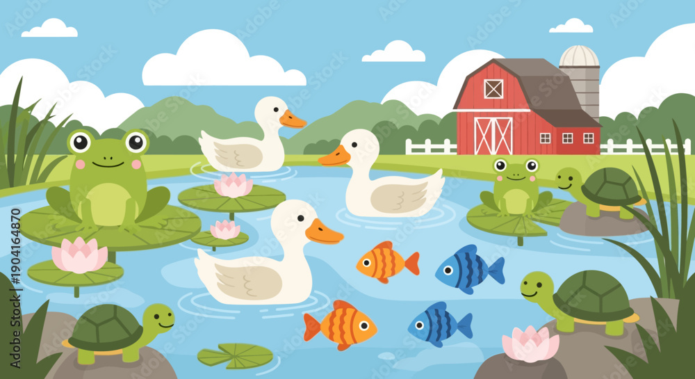 Naklejka premium Playful pond scene featuring ducks frogs fish lilies and reeds in a sunny rural landscape.