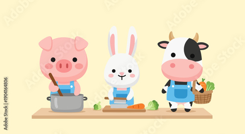 Cute farm animal trio cooking together at a wooden table in a colorful kitchen scene.