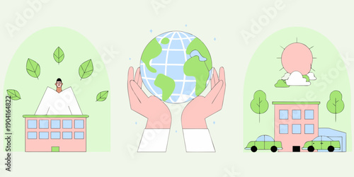 Protecting our planet hands cradling earth with nature and urban elements